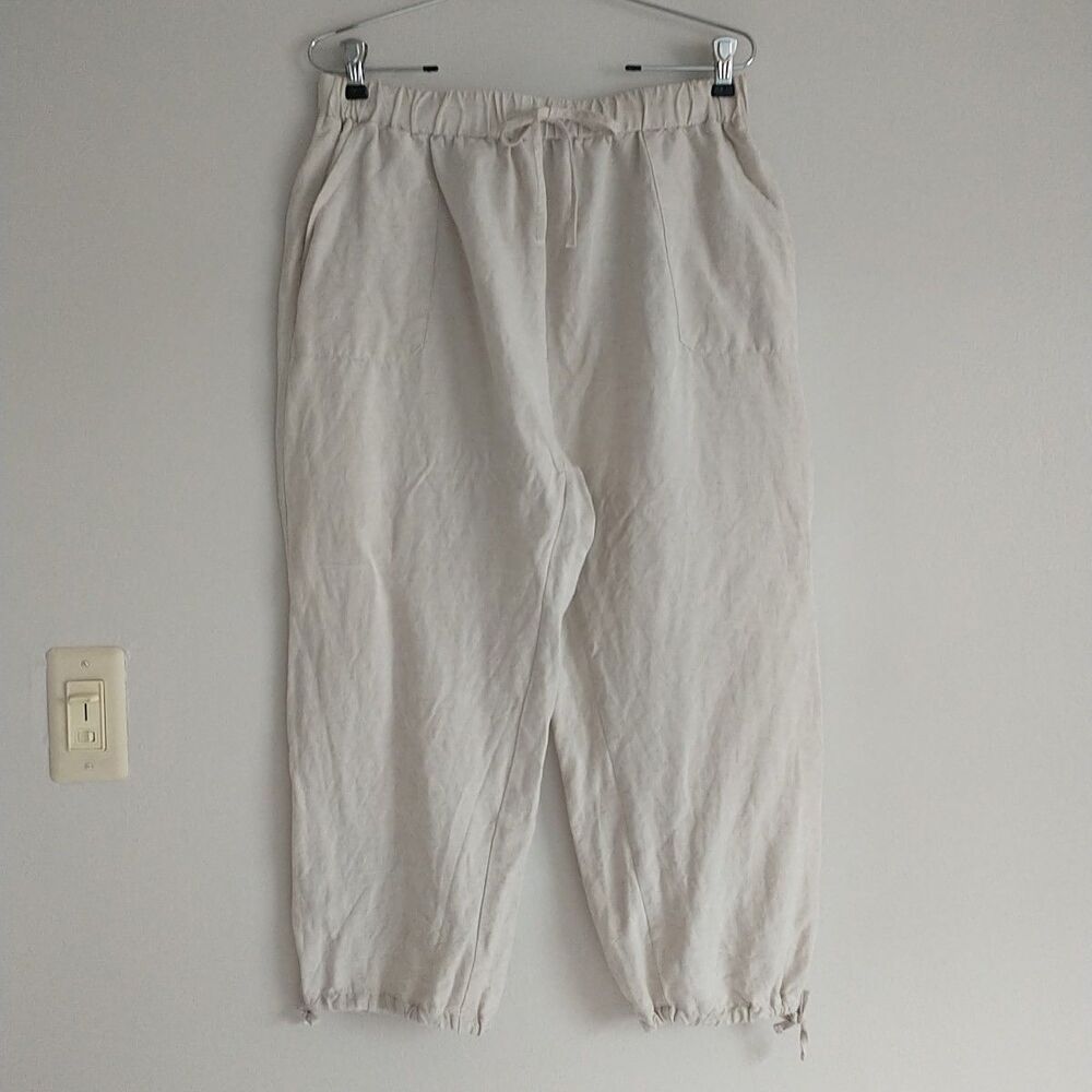 Amazhiyu PullOn Pants Womens L Beige Linen High Rise Crop Baggy Lagenlook Comfy
